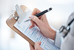 Woman, doctor hands and writing on clipboard, checklist and healthcare consulting information. Closeup medical worker write documents, data and questions for report, planning or clinic administration