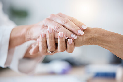 Buy stock photo Hope, woman or doctor holding hands in hospital consulting for medical test news or results for sympathy support. Empathy, trust or nurse in healthcare clinic or helping sick patient with cancer