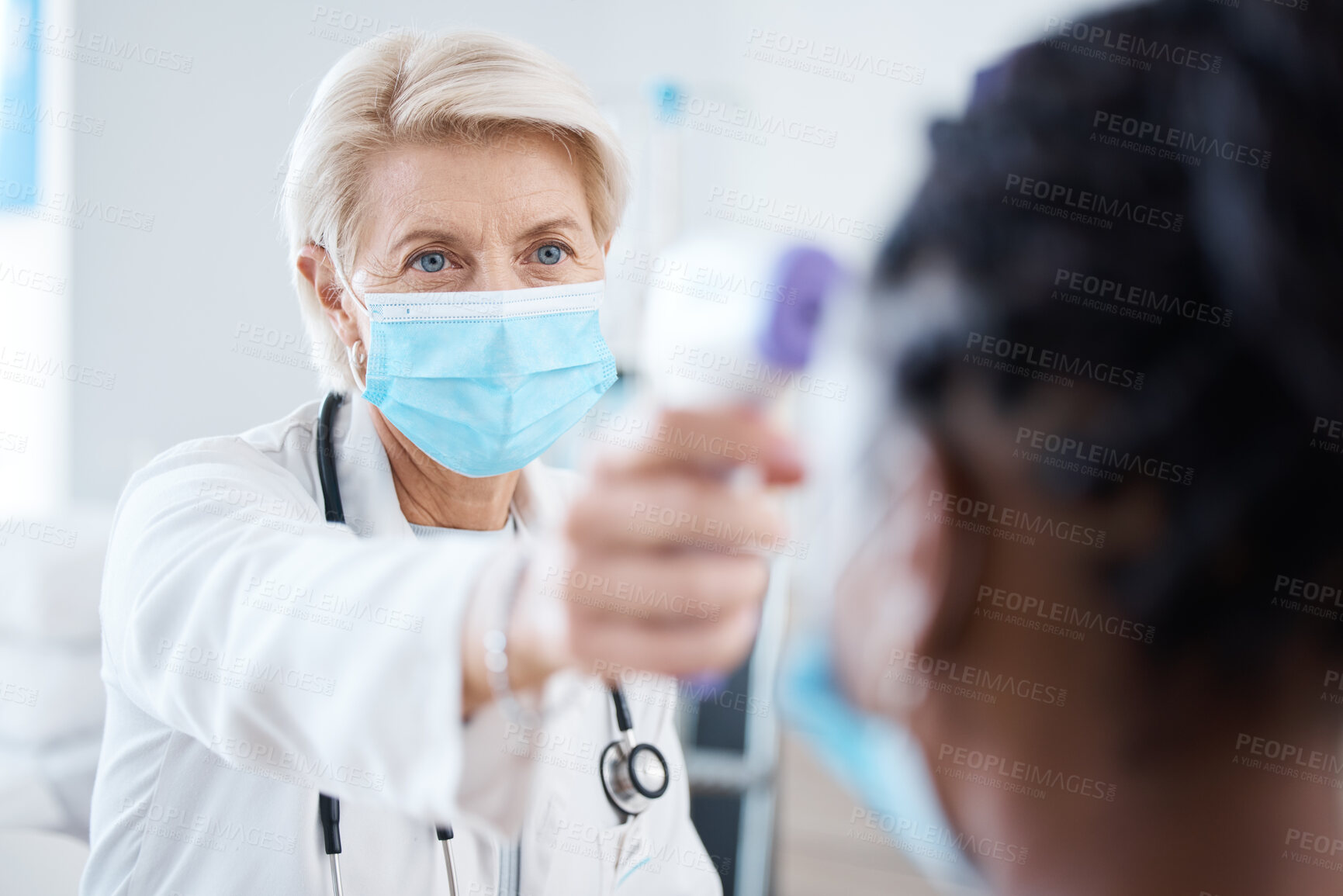Buy stock photo Medical, covid and temperature with doctor and woman for prevention, treatment and diagnosis. Healthcare, medicine and thermometer with patient and expert for examination, consulting and outbreak
