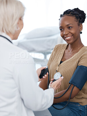 Buy stock photo Blood pressure, doctor and black woman patient smile in hospital for healthcare consulting services. Clinic worker check arm hypertension, diabetes test and heart wellness for healing surgery results