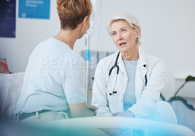 Buy stock photo Woman, doctor and talking to patient for healthcare, clinic services and advice of wellness, therapy and results. Medical worker helping with serious hospital support, gynecology consultation or test