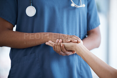 Buy stock photo Hope, black woman or nurse holding hands in hospital consulting for medical test news or results for sympathy. Empathy, trust or zoom of doctor in healthcare clinic nursing or helping sick patient 