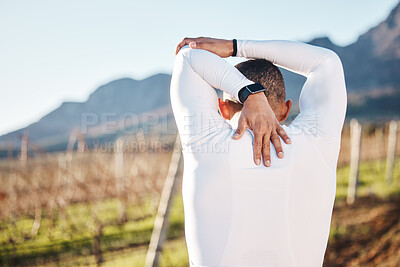 Buy stock photo Man, stretching before running and fitness outdoor with hiking or run in countryside, exercise and warm up. Arms, muscle and strong male with back view, start with race for marathon or trekking