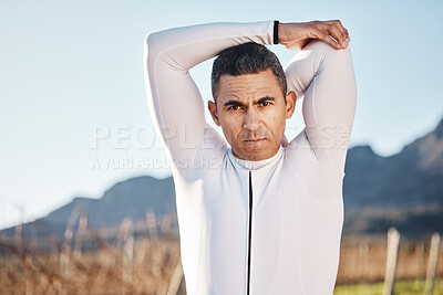 Buy stock photo Man, stretching before run and fitness outdoor, portrait with hiking or running in countryside, exercise and warm up. Arms, muscle and strong male runner, start with race for marathon or trekking
