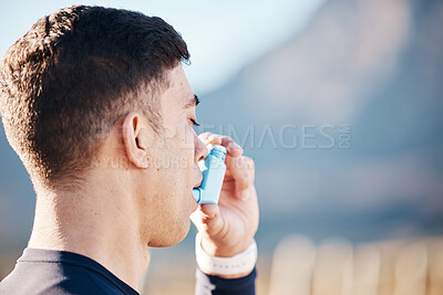 Buy stock photo Asthma, inhaler and fitness with a runner man outdoor on mockup for cardio or endurance training. Breathing, tired and lungs with an exhausted athlete struggling to breath while running for exercise