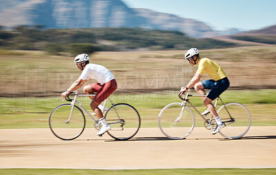 Buy stock photo Men, cycling team and motion blur in nature, countryside and triathlon competition, sports and race. Cyclist friends, bicycle speed and action of energy, bike performance and travel on mountain path