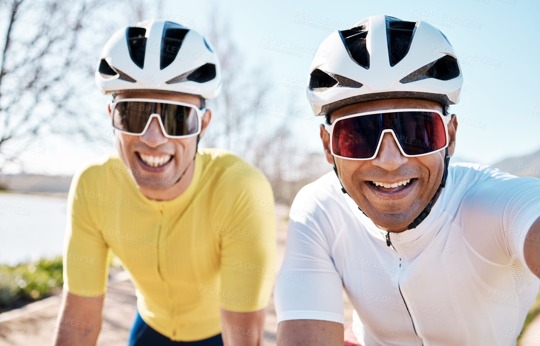 Buy stock photo Cycling, fitness and selfie with friends in park for sports, social media and teamwork training. Health, smile and happy with portrait of men on bike in outdoors for picture, workout and adventure