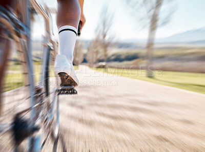 Buy stock photo Back of man, cycling wheel and motion blur on park path, exercise and training of triathlon sports with mockup. Legs, bike and fast bicycle for outdoor trail of freedom, power and performance action