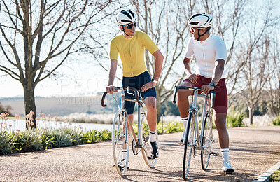 Buy stock photo Cycling, friends and fitness with men in park for sports, cardio training and summer break. Health, wellness and exercise with cyclists riding on bike in nature for relax, travel and freedom together