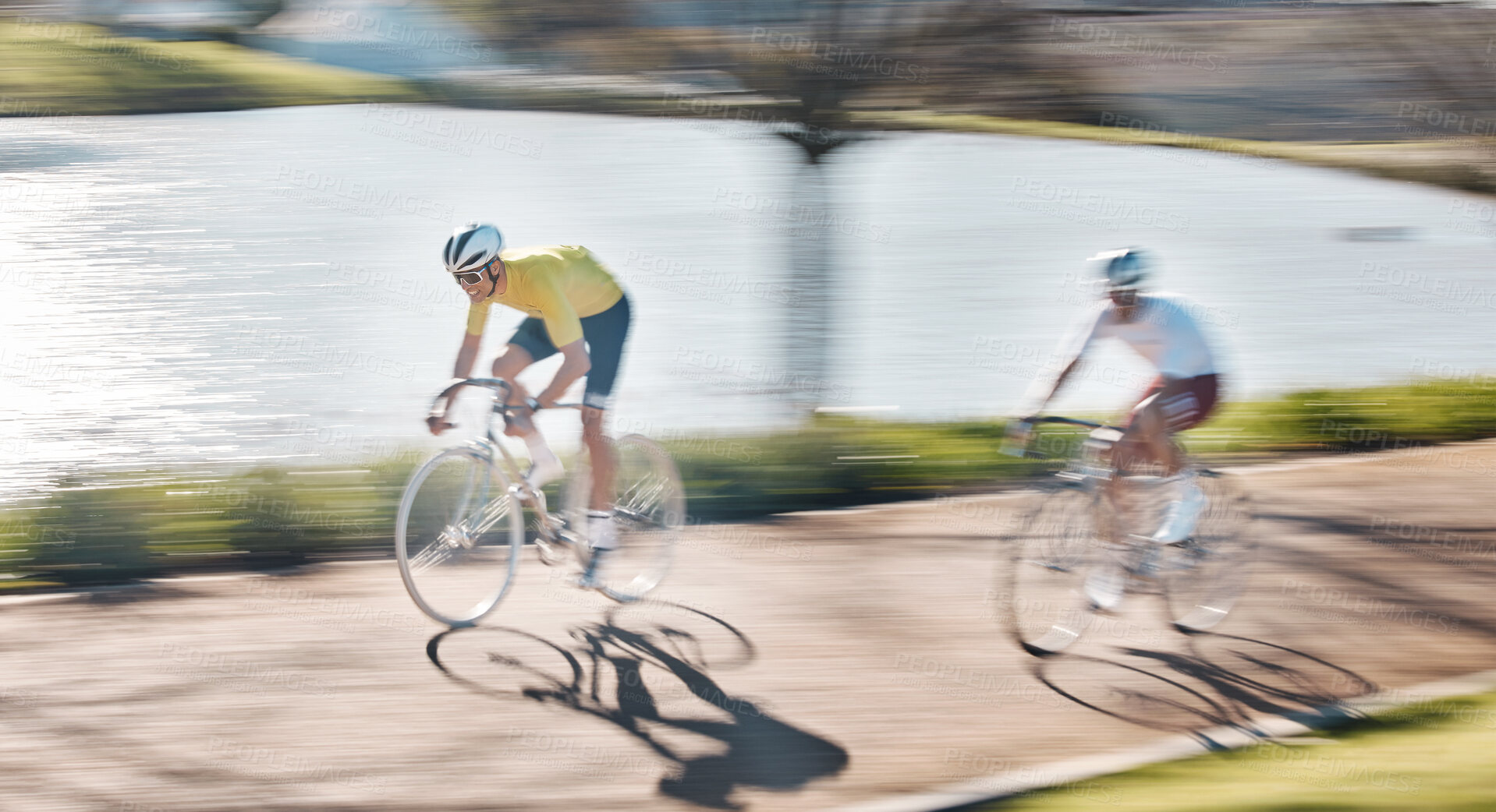 Buy stock photo Fast, bike and men in competition, training and fitness for wellness, healthy lifestyle and freedom. Motion blur, male players and athletes cycling, competition and practice for victory and trail