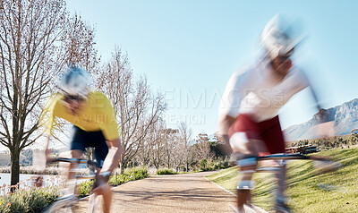 Buy stock photo Race, cycling and speed with men in park for training, motion blur and cardio workout. Marathon, sports and exercise with cyclists riding on bike for fast, challenge and fitness for competition