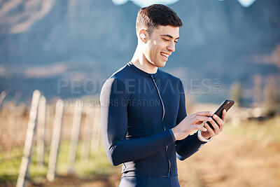 Buy stock photo 5g, gps and nature, happy man and phone at rest stop in countryside looking at direction or map information online. Mobile, fitness app and smartphone, cyclist on internet search on mobile with smile