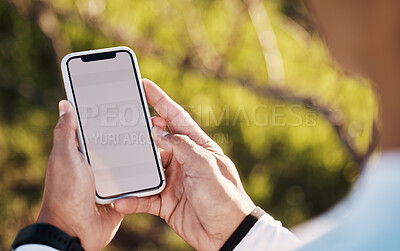 Buy stock photo 5g, phone screen and nature, hands of man in park at rest stop in countryside looking at direction or map information online. Mobile, fitness app and smartphone, cyclist on internet search for gps.