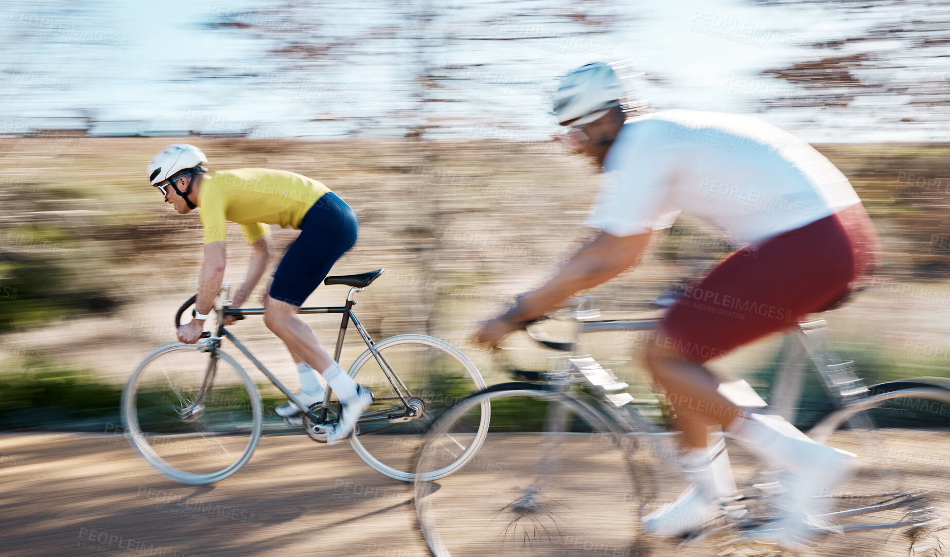 Buy stock photo Race, cycling and fast with men in park for training, motion blur and cardio workout. Marathon, sports and exercise with cyclists riding on bike for speed, challenge and fitness for competition