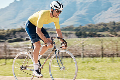 Buy stock photo Man cycling with blurred speed in nature, countryside and training for triathlon, sports and power. Cyclist, bicycle and motion of bike for fitness, energy and freedom on mountain path in sunshine 