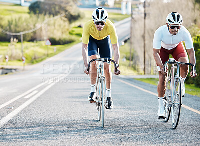 Buy stock photo Cycling fitness men or friends on road travel, sports or marathon training in countryside street competition or race. Exercise bicycle of athlete people in teamwork, triathlon journey and safety gear