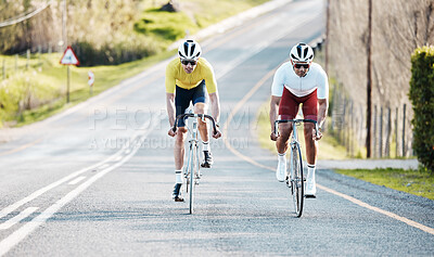 Buy stock photo Cycling, sports and men or friends on road travel, fitness or marathon training in urban street competition or race. Exercise bicycle of athlete people in teamwork, triathlon journey and safety