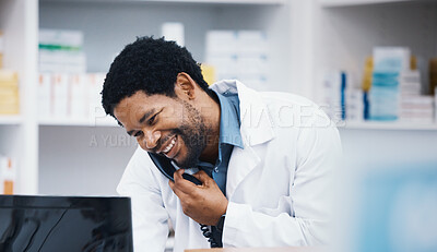 Buy stock photo Pharmacist, black man or phone call for patient help, customer consulting or telehealth medicine research in drugstore. Smile, happy or talking pharmacy worker on telephone, computer or pills order