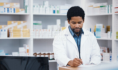 Buy stock photo Pharmacist, stock or black man writing on clipboard for medicine check, retail research or medical prescription in drugstore. Notes, pharmacy or worker on paper documents in pills checklist or order