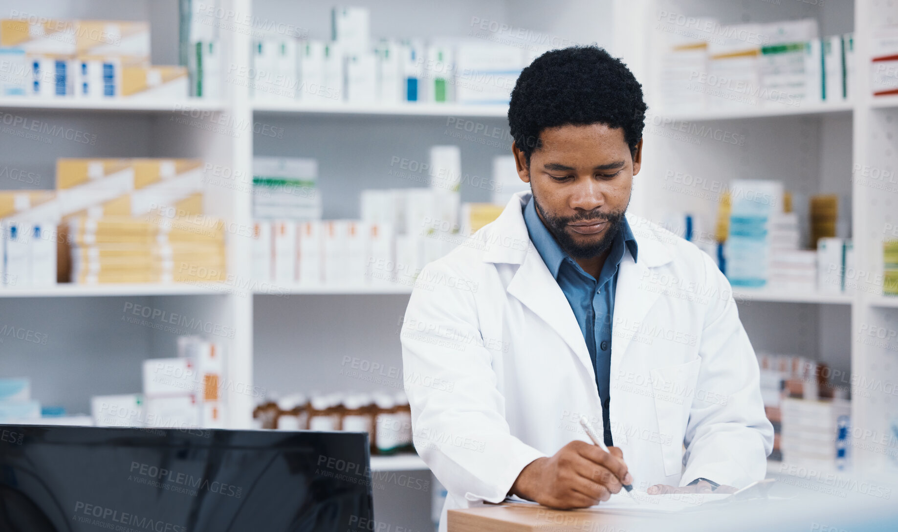 Buy stock photo Pharmacist, stock or black man writing on clipboard for medicine check, retail research or medical prescription in drugstore. Notes, pharmacy or worker on paper documents in pills checklist or order