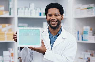 Buy stock photo Pharmacist man, tablet and green screen in mockup portrait for medicine, retail healthcare and wellness. African pharma expert, touchscreen ux and space for sales, health logo or product placement