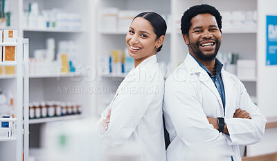 Buy stock photo Pharmacists, teamwork and arms crossed in portrait, medicine trust or about us healthcare in medical drugstore collaboration. Smile, happy and confident pharmacy people in retail consulting or help