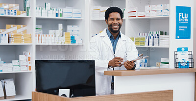 Buy stock photo Pharmacist, portrait or black man writing on clipboard for medicine check, retail or medical prescription in drugstore. Smile, happy or pharmacy worker on paper documents for pills checklist or order