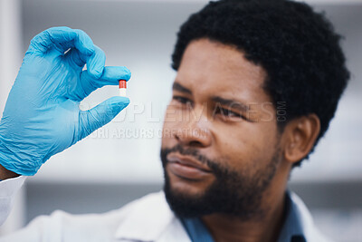 Buy stock photo Black man, pharmacist or holding medicine in research, medical healthcare or wellness innovation in laboratory clinic or hospital study. Pharmacy, worker or employee with pills drugs or product help