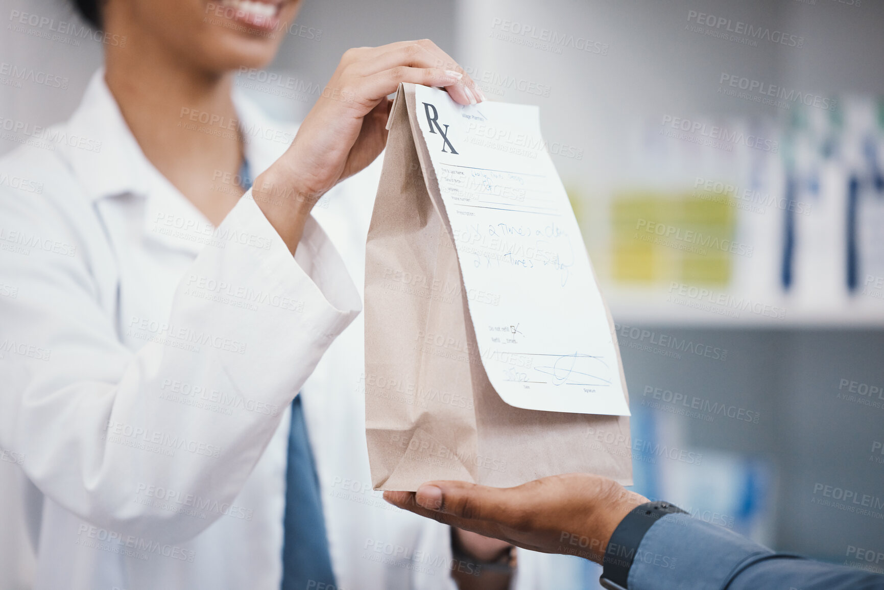 Buy stock photo Pharmacy, product and pharmacist giving customer bag for pills prescription, medical supplements and medicine. Healthcare, dispensary and woman help man with medicare package, drugs and medication