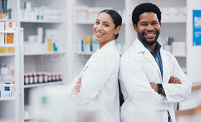 Buy stock photo Pharmacists, people and arms crossed in portrait, medicine trust or about us healthcare in medical drugstore collaboration. Smile, happy and confident pharmacy teamwork in retail consulting or help