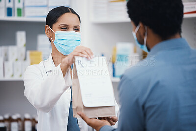 Buy stock photo Pharmacy product, face mask and woman with customer for pills prescription, medical supplements and medicine. Healthcare, covid and pharmacist giving man bag of medicare package, drugs and medication