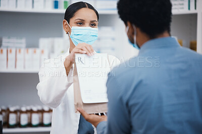 Buy stock photo Pharmacy package, face mask and woman with customer with pills prescription, medical supplements and medicine. Healthcare, covid and pharmacist with man with shopping product, drugs or medication
