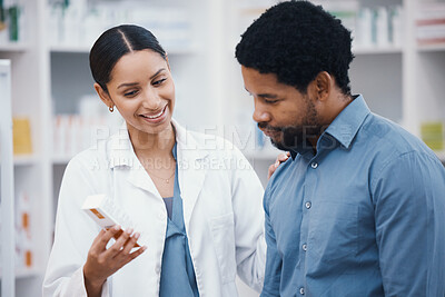 Buy stock photo Pharmacy, medicine and pills, pharmacist and customer, health and prescription medication and people in drug store. Medical, pharmaceutical product box and black man with woman, advice and treatment