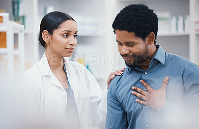 Buy stock photo Pharmacist, woman or comforting sick patient in healthcare, wellness or medical trust help in life insurance, cardiology or anxiety. Pharmacy, worker or employee and ill customer in pain consulting