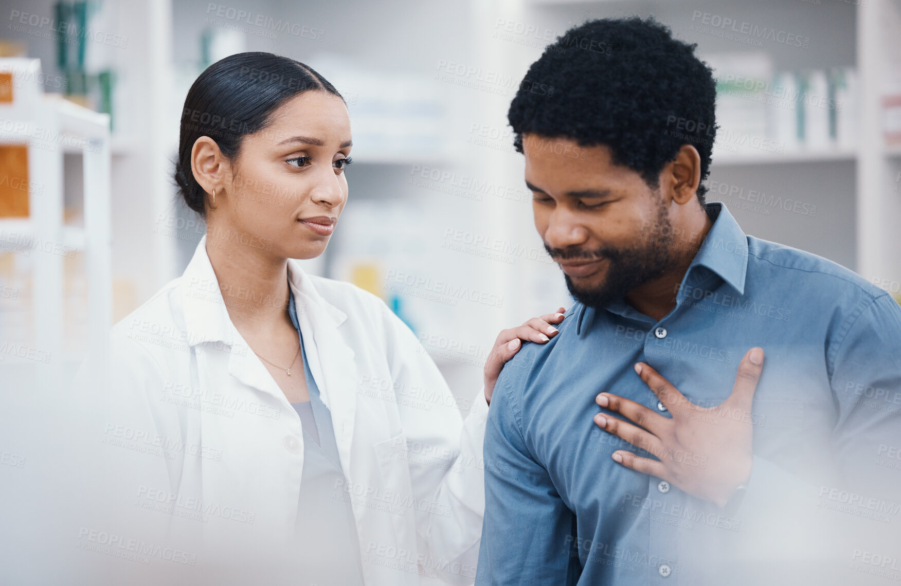 Buy stock photo Pharmacist, woman or comforting sick patient in healthcare, wellness or medical trust help in life insurance, cardiology or anxiety. Pharmacy, worker or employee and ill customer in pain consulting