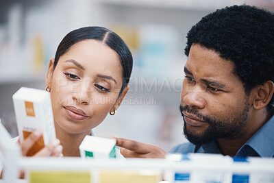 Buy stock photo Pharmacist, worker and helping patient with medicine information, pills instructions or medical consulting in store. Pharmacy woman, black man and customer with retail drugs or healthcare product box
