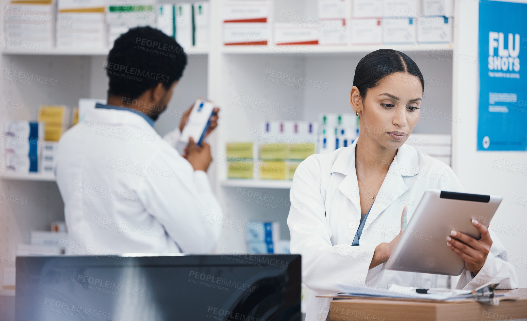 Buy stock photo Pharmacist, worker or digital tablet for medicine check, stock take or medical research in drugs store. Smile, happy or pharmacy woman on technology for pills, checklist or ecommerce healthcare order