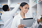 Pharmacist, woman or digital tablet for medicine check, stock take or medical research in drugs store. Smile, happy or pharmacy worker on technology for pills, checklist or ecommerce healthcare order
