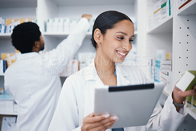 Buy stock photo Pharmacist, woman or digital tablet for medicine check, stock take or medical research in drugs store. Smile, happy or pharmacy worker on technology for pills, checklist or ecommerce healthcare order