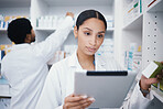 Pharmacist, woman or digital tablet for pills check, stock take or medical research in drugs store. Smile, happy or pharmacy worker on technology for medicine, checklist or ecommerce healthcare order