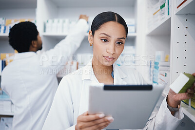 Buy stock photo Pharmacist, woman or digital tablet for pills check, stock take or medical research in drugs store. Smile, happy or pharmacy worker on technology for medicine, checklist or ecommerce healthcare order