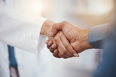 Buy stock photo Doctor, patient and handshake in hospital thank you, welcome or greeting for medicine trust, help or medical consulting. Zoom, black man and shaking hands with pharmacy worker or healthcare employee