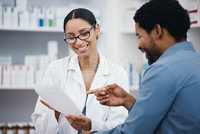 Buy stock photo Pharmacy, customer prescription and pharmacist smile reading form for pills, medical supplements and medicine. Healthcare service, hospital and woman help man for medicare script, drugs or medication
