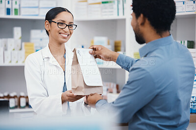 Buy stock photo Pharmacy product, smile and woman with customer with pills prescription, medical supplements and medicine. Healthcare, dispensary and pharmacist with man for medicare package, drugs and medication