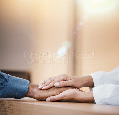 Buy stock photo Holding hands, support and health with doctor and patient, cancer diagnosis and empathy with comfort for people. Trust, helping hand with hospital advice or medical results with healthcare insurance
