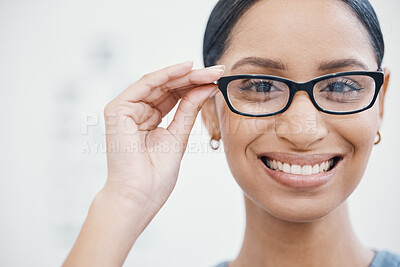 Buy stock photo Woman, portrait or glasses for eyes care, healthcare wellness or optometry help in retail store, shop or clinic. Smile, happy or customer face with eyecare, prescription designer lens or vision frame