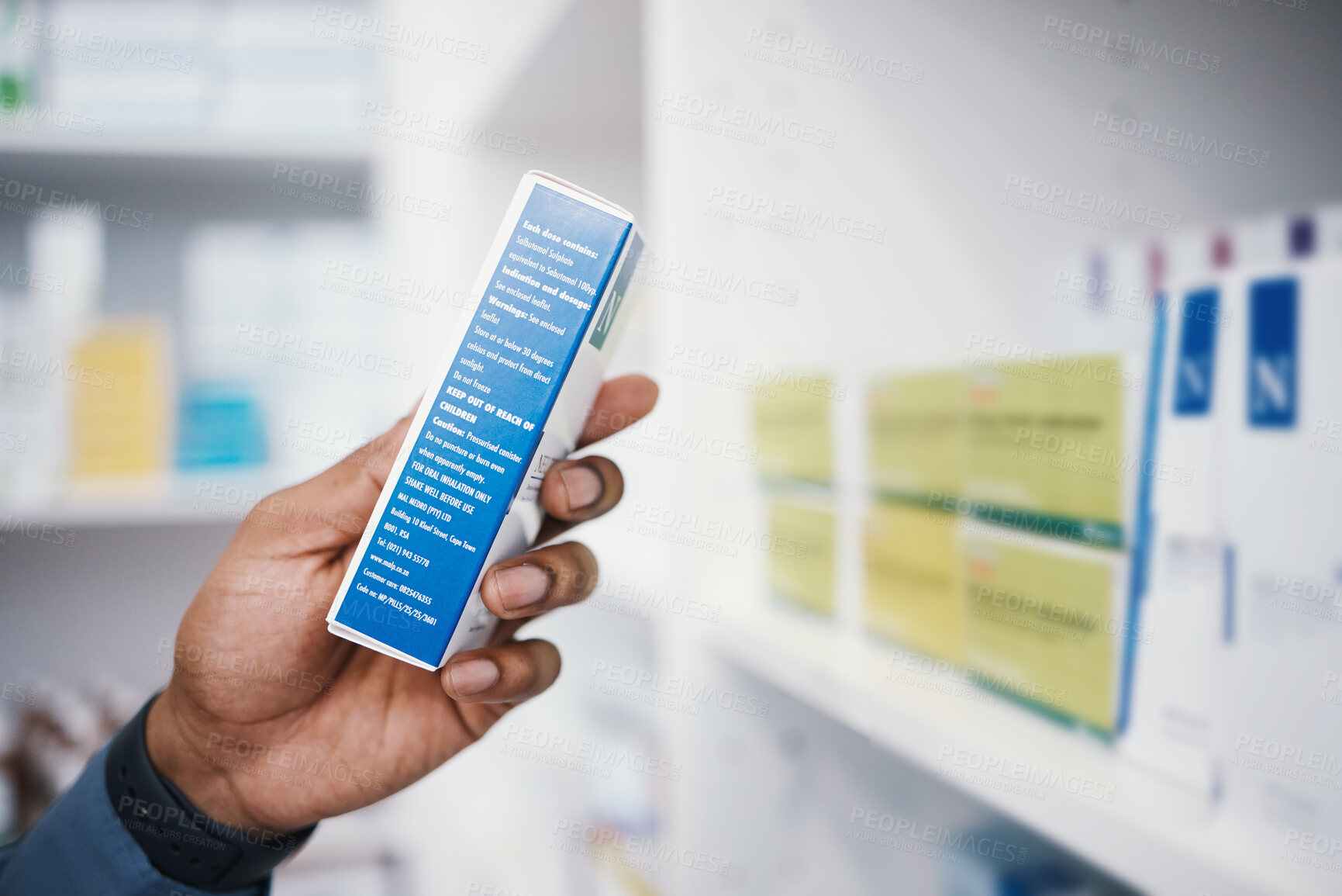 Buy stock photo Pharmacy, medicine and pills, man and box in hand, healthcare and prescription medication in drug store. Medical, closeup and pharmaceutical product for health, wellness and treatment with pharmacist