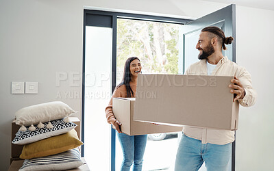 Buy stock photo Couple moving, new house and box with happiness, man and woman, real estate property and home owner. People carrying boxes, laughing together and partnership, happy with mortgage and funny relocation