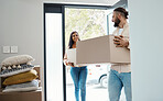 Couple moving, new house and box with property, man and woman, real estate and home owner. Mortgage, happy with move and walk in front door, partnership and smile with relationship and relocation