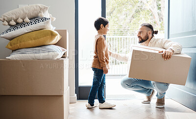 Buy stock photo Family moving, new house and box with property, father and child with real estate and home owner. Parent with mortgage, man comfort boy and happy about move, love and kindness with relocation boxes